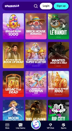 Mobiele SpaceHills-lobby met slots
